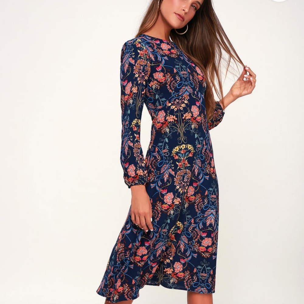Navy Blue Floral Print Dress from Lulu